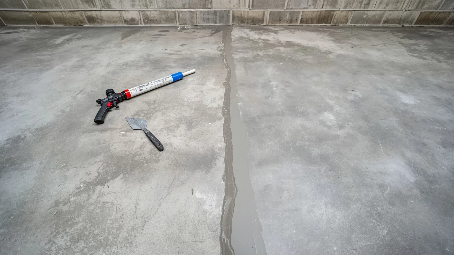 Crack across a basement floor slab filled flush with grey repair compound