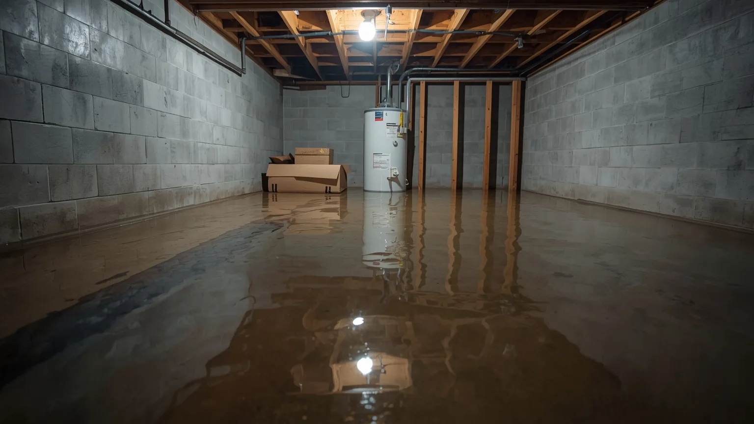 Standing water across a basement floor with a debris line staining the block wall