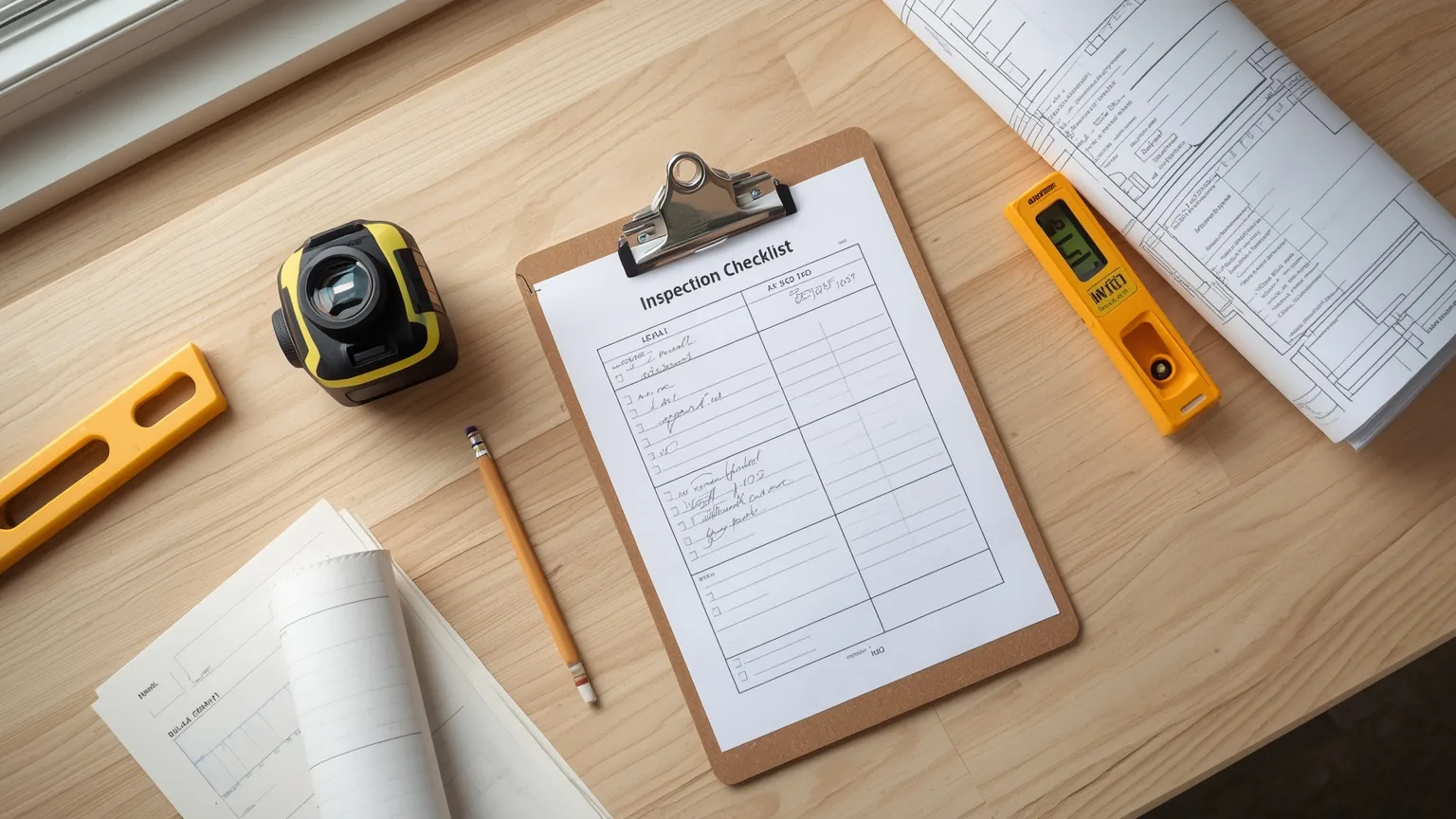 Inspection checklist on a clipboard beside a laser level, tape measure and structural drawings