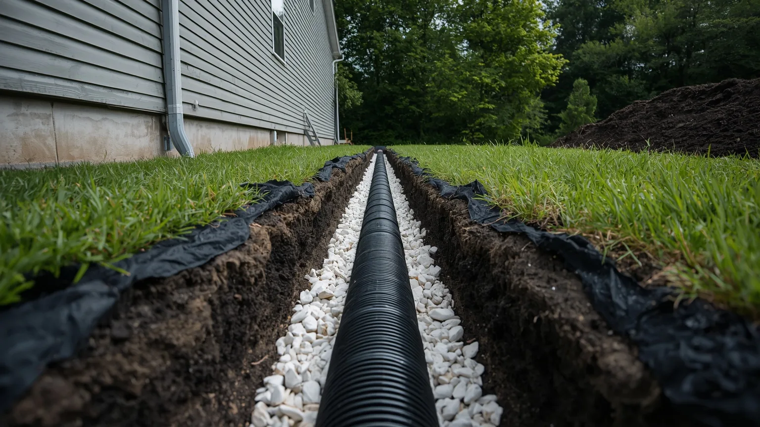 Exterior drainage trench beside a house foundation with perforated pipe in washed stone and filter fabric